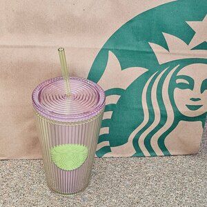 New 2023 STARBUCKS Summer Pleated Neon Green Tumbler W/Lid W/Straw 16oz